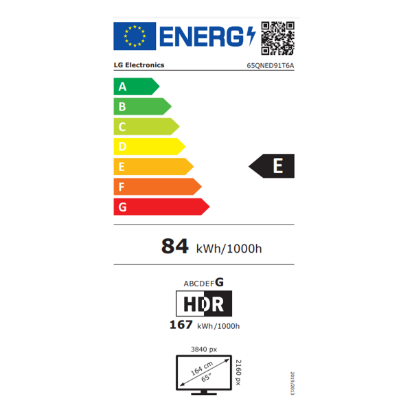 Ενεργειακή ετικέτα LG 65QNED91T6A — κατηγορία E, 84 kWh/1000h, HDR 167 kWh/1000h